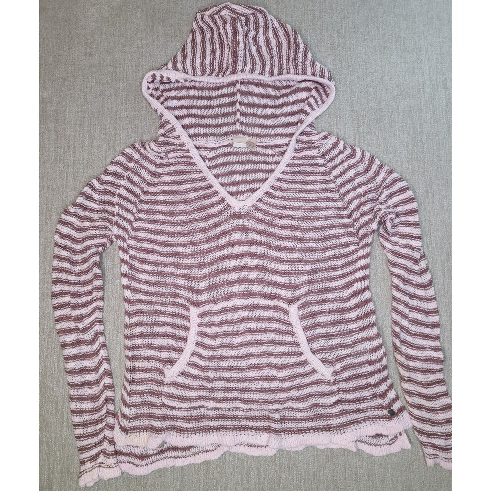 Roxy Hoodie Sweater Women S Pink Brown Striped Knit V-Neck Pullover Beach Boho‎